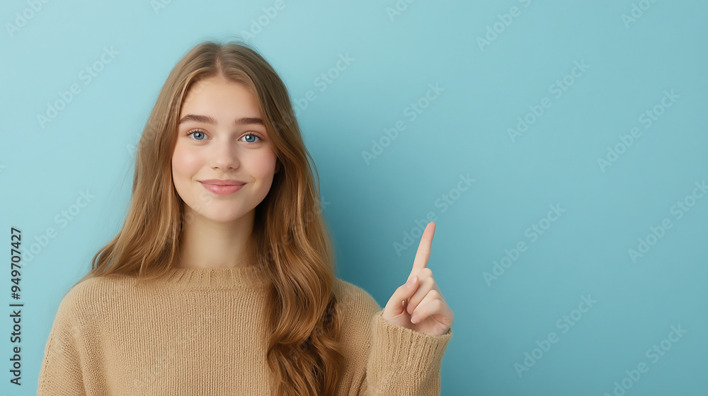 Scandinavian woman pointing up, idea expression pose, advertisement pose, blue background. Scandinavian woman pointing up, idea expression pose, advertisement pose, blue background.