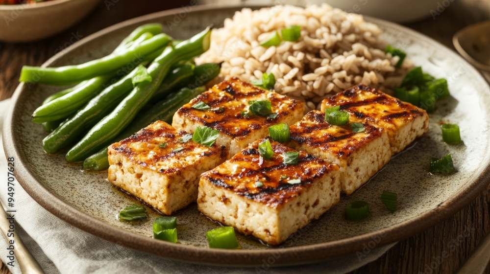Grilled tofu with green beans and brown rice on a rustic plate. Healthy and delicious vegan meal, perfect for a nutritious diet. Grilled tofu with green beans and brown rice on a rustic plate. Healthy and delicious vegan meal, perfect for a nutritious diet.