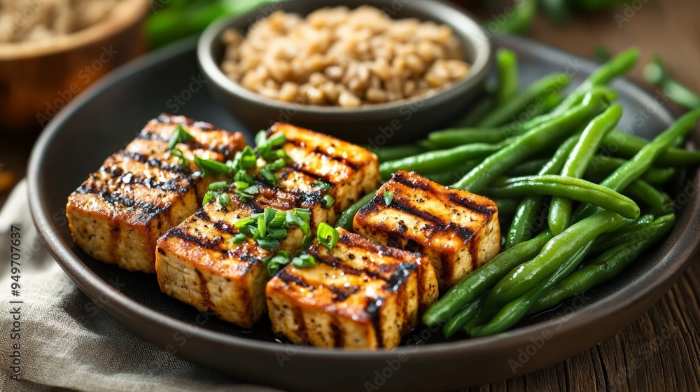Grilled tofu with green beans and rice, garnished with herbs on a rustic wooden table. Healthy vegan meal concept. Grilled tofu with green beans and rice, garnished with herbs on a rustic wooden table. Healthy vegan meal concept.