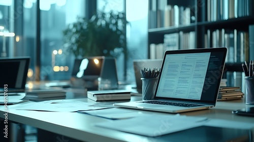 Wallpaper Mural Selective focus interior shot of modern office with laptops computers and papers on desks copy space : Generative AI Torontodigital.ca