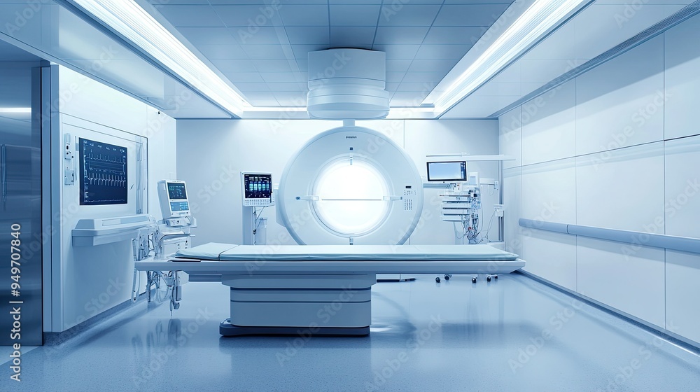 Large blank billboard in a high-tech hospital radiology department, surrounded by advanced imaging machines. Large blank billboard in a high-tech hospital radiology department, surrounded by advanced imaging machines.
