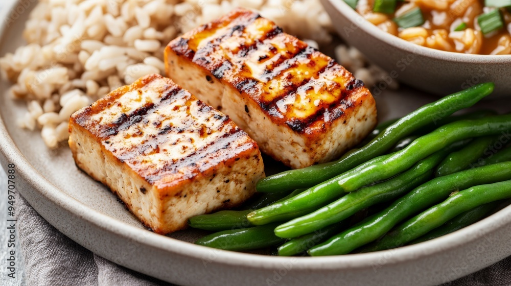 Grilled tofu with green beans and rice, a healthy and delicious vegan meal served on a beige plate. Grilled tofu with green beans and rice, a healthy and delicious vegan meal served on a beige plate.