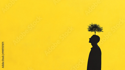 Tree grow from a man's head, side view. Representing growth, development, connection with nature, wisdom, knowledge, creativity, germination of ideas, balance and harmony.