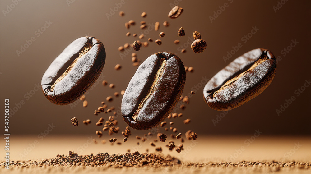 Macro view of roasted beans flying in the air among ground coffee on a beige background Macro view of roasted beans flying in the air among ground coffee on a beige background