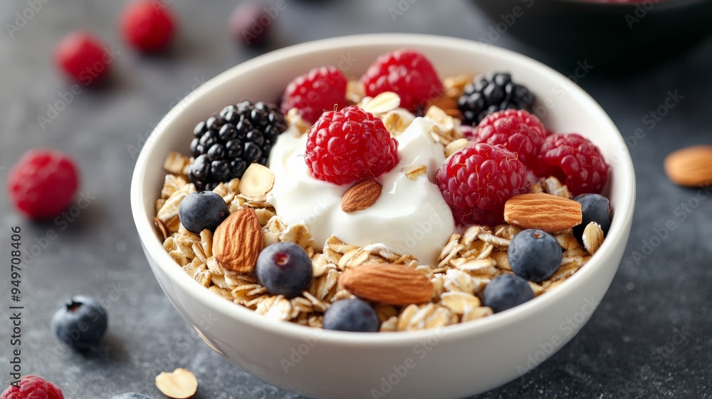 Healthy breakfast bowl with granola, fresh berries, almonds, and yogurt, perfect for a nutritious start to the day. Healthy breakfast bowl with granola, fresh berries, almonds, and yogurt, perfect for a nutritious start to the day.