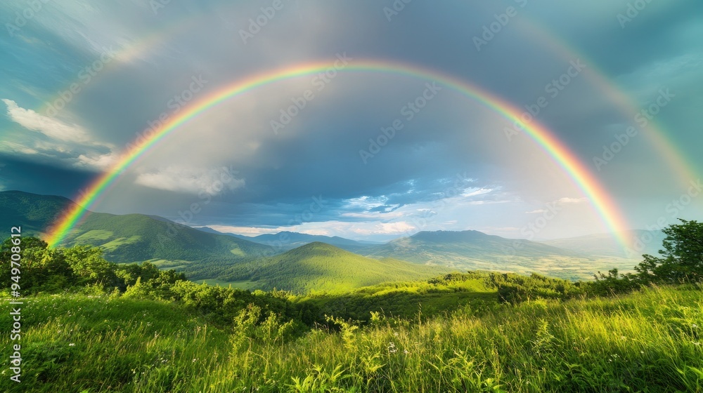 Naklejka premium Scenic view of a double rainbow spanning across a green valley, with the remnants of summer rain visible in the fresh landscape.