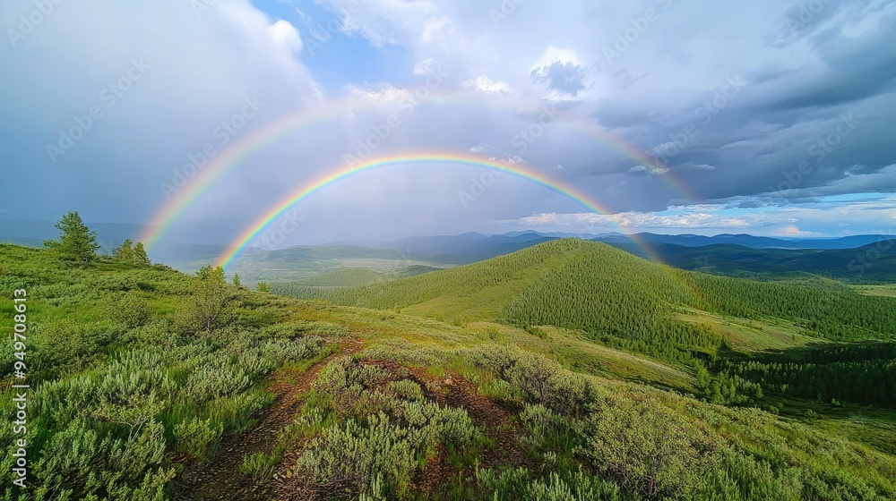 Scenic view of a double rainbow spanning across a green valley, with the remnants of summer rain visible in the fresh landscape. Scenic view of a double rainbow spanning across a green valley, with the remnants of summer rain visible in the fresh landscape.