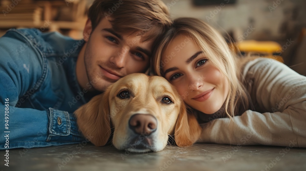 Young couple with cute dog resting during repair of their new home : Generative AI Young couple with cute dog resting during repair of their new home : Generative AI