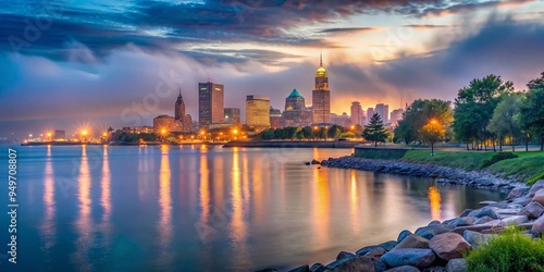 cleveland skyline night serene peaceful calm misty nightfall lake erie shoreline tranquil atmosphere silence darkness stillness contemplation introspection photo