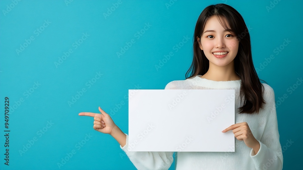 Asian woman showing and pointing to blank white billboard isolated on blue background : Generative AI Asian woman showing and pointing to blank white billboard isolated on blue background : Generative AI