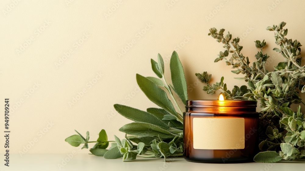 Serene Ambiance - Amber Candle with Sage and Lemon Label on Clean Background with Copy Space Serene Ambiance - Amber Candle with Sage and Lemon Label on Clean Background with Copy Space