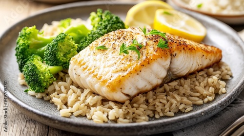 Healthy delicious grilled fish fillet served with brown rice, broccoli and lemon slices on a plate. Balanced nutritious meal for a healthy diet.