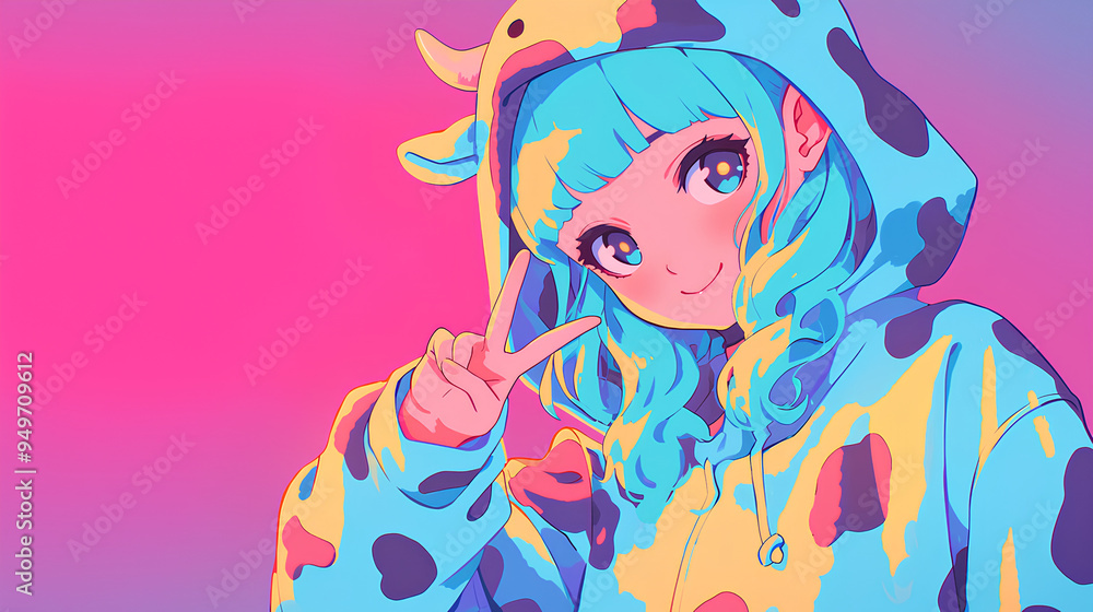cute cow character wearing anime onesie costume, anime style, cute kawaii, simple, smiling happy. neon psychedelic background cute cow character wearing anime onesie costume, anime style, cute kawaii, simple, smiling happy. neon psychedelic background