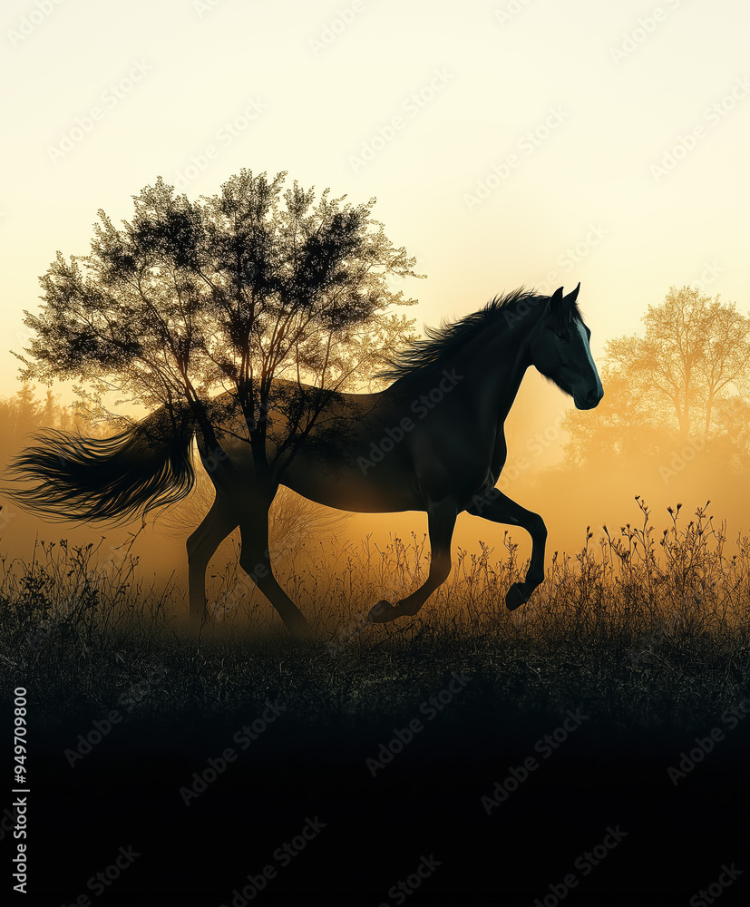 Pferd Silhouette galoppiert über ein offenes Feld Pferd Silhouette galoppiert über ein offenes Feld