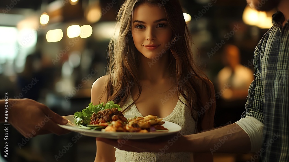 Horizontal image of male hand serving plate of vegetarian dinner in restaurant to a beautiful young woman : Generative AI Horizontal image of male hand serving plate of vegetarian dinner in restaurant to a beautiful young woman : Generative AI