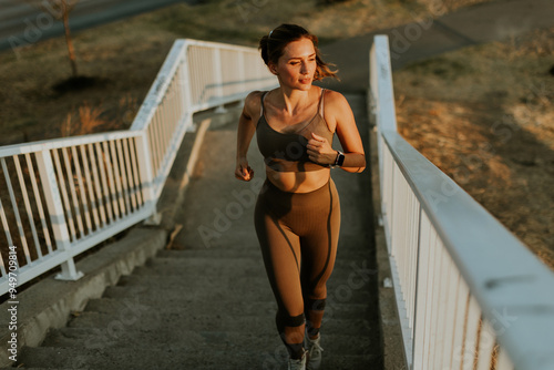 Determined woman jogs down ...