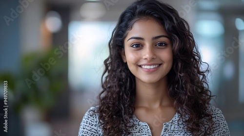 Indian curly hair young adult gen z smiling cute corporate girl standing proud look cam indoor office place Confident happy business woman worker do pose head shot portrait video at jo : Generative AI photo