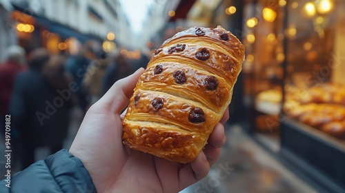 an hand holding a Pain au Chocolat in the streets of Paris  french patries : Generative AI photo