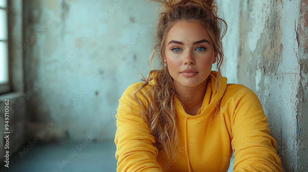 Young Caucasian plus-size model in yellow sportswear, sitting confidently on gray floor, athletic and strong. Young Caucasian plus-size model in yellow sportswear, sitting confidently on gray floor, athletic and strong.