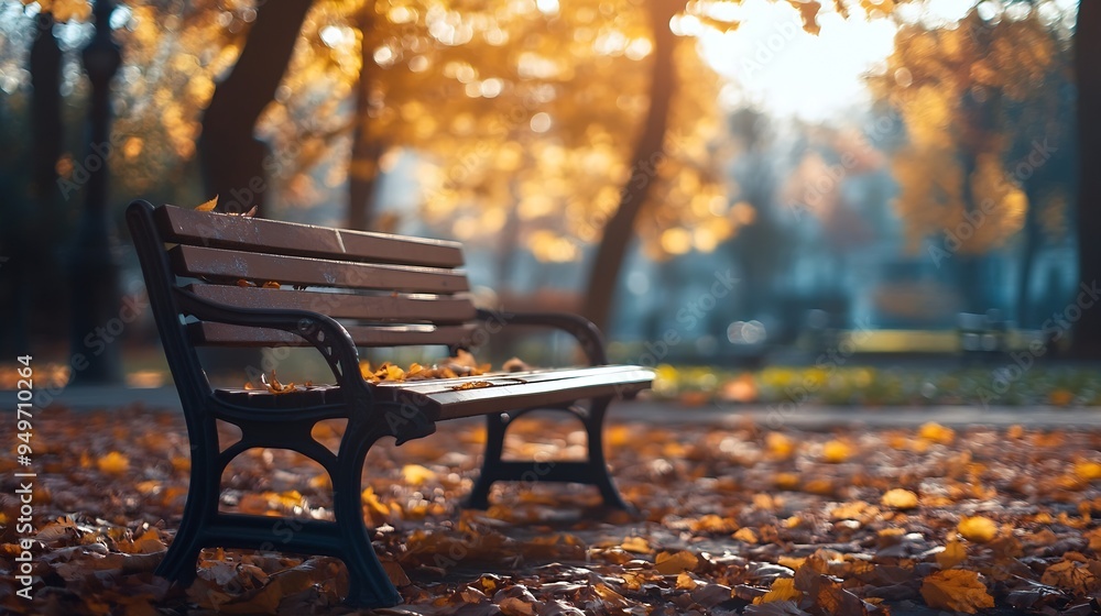 Empty park bench with blurred lit background Autumn in the park Dreamy glow effect : Generative AI Empty park bench with blurred lit background Autumn in the park Dreamy glow effect : Generative AI