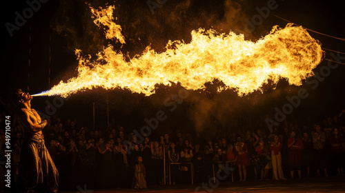 Fire breather performing breathtaking fire show at night photo