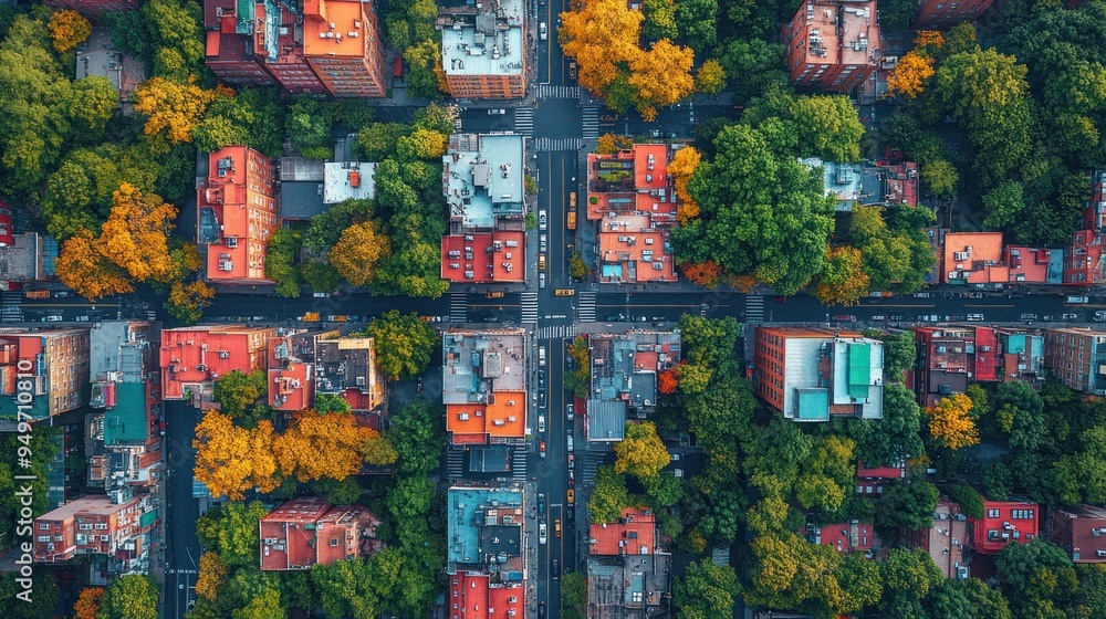 Aerial View of City Streets with Buildings and Trees Aerial View of City Streets with Buildings and Trees