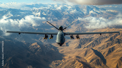 Military drone flying over mountainous region