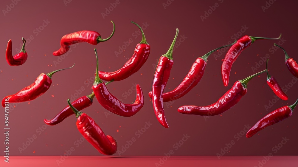 Dynamic Arrangement of Red Chili Peppers Floating in Mid-Air Dynamic Arrangement of Red Chili Peppers Floating in Mid-Air