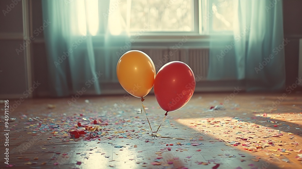 The day after the party Empty room with confetti and balloons on the floor : Generative AI The day after the party Empty room with confetti and balloons on the floor : Generative AI