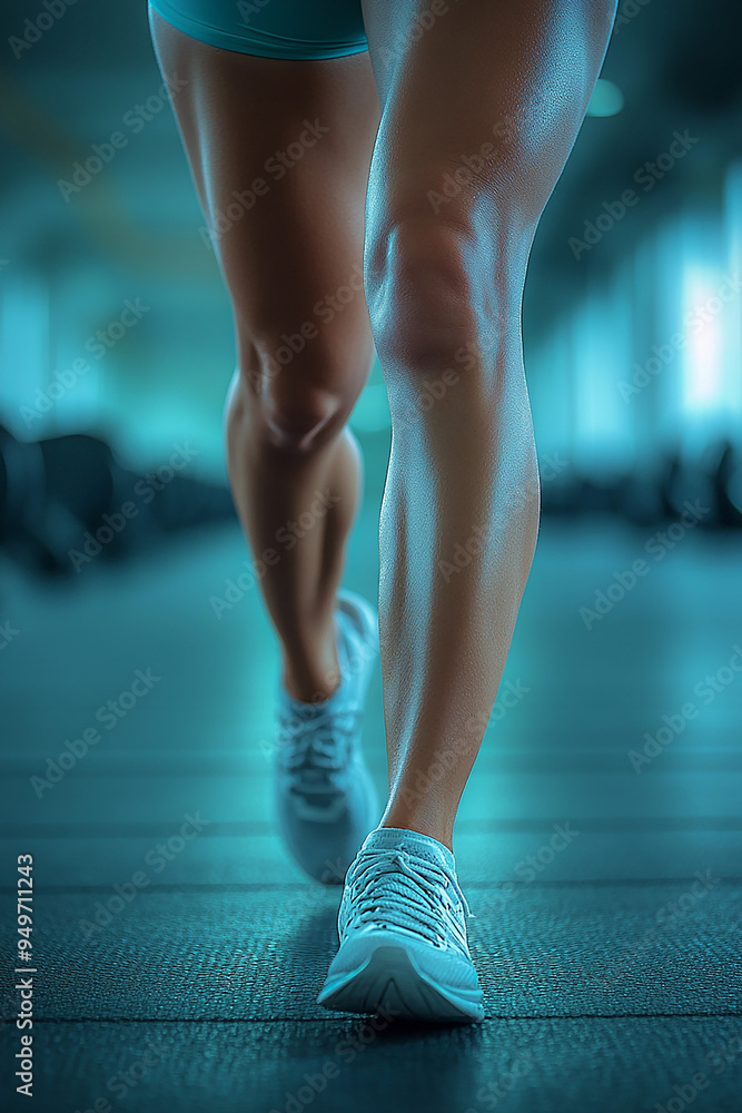 Woman in gym doing lunges, stepping forward with one leg, blurred background, leg muscle focus. Woman in gym doing lunges, stepping forward with one leg, blurred background, leg muscle focus.