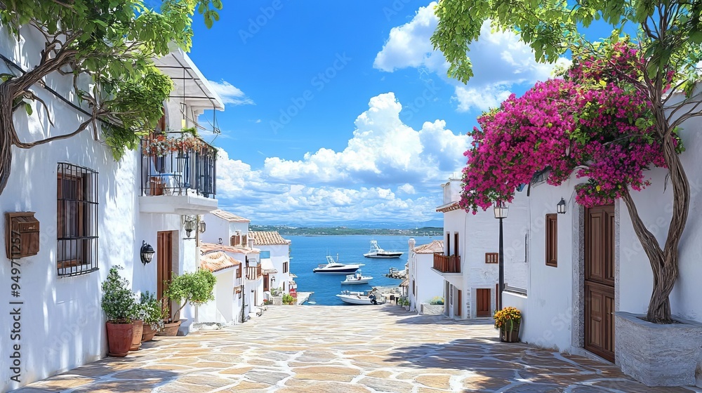 Fototapeta premium Discovering hidden coastal towns, quaint streets, colorful houses, boats in harbor, tranquil ambiance, local culture, off-the-beaten-path adventure
