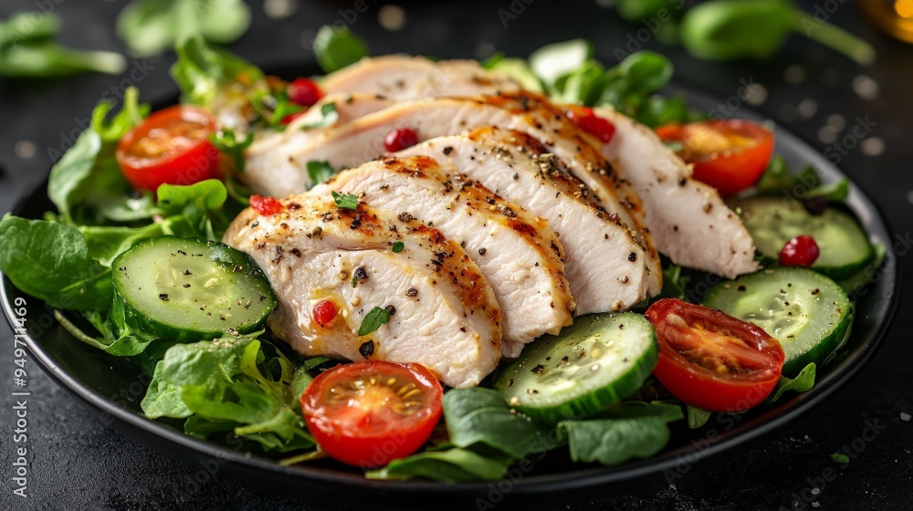 Healthy grilled chicken salad with fresh greens, cucumbers, and cherry tomatoes on a black plate, garnished with herbs and dressing. Healthy grilled chicken salad with fresh greens, cucumbers, and cherry tomatoes on a black plate, garnished with herbs and dressing.