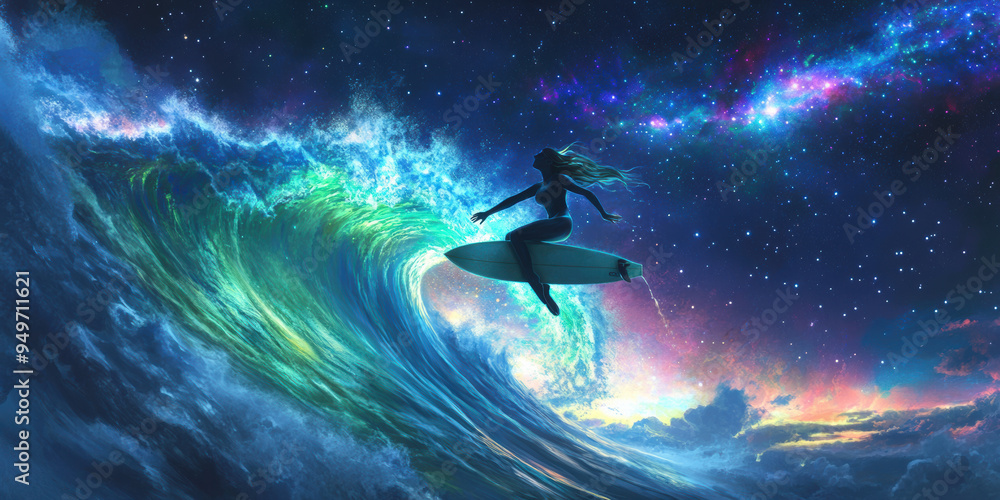 Surfer floating above vibrant aurora in cosmic wave, showcasing beauty of nature and adventure. Surfer floating above vibrant aurora in cosmic wave, showcasing beauty of nature and adventure.