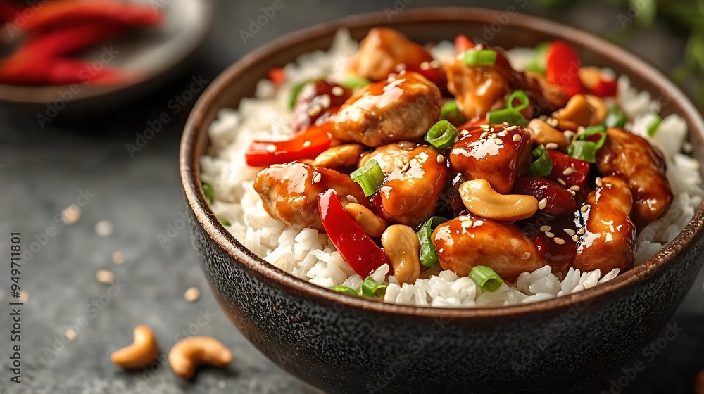 Crispy cashew Chicken stir fry with rice Asian take away food : Generative AI Crispy cashew Chicken stir fry with rice Asian take away food : Generative AI