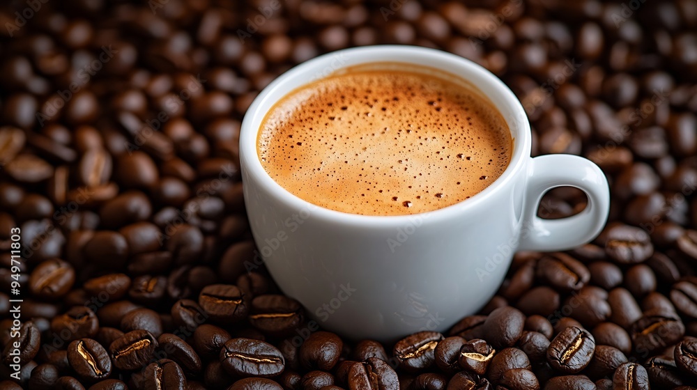 Americano coffee in a white coffee cup with raw and roasted coffee beans background : Generative AI Americano coffee in a white coffee cup with raw and roasted coffee beans background : Generative AI