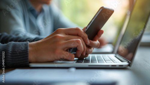 Close-up of hands using smartphone and laptop simultaneously, multitasking in soft natural light, indoor workspace productivity