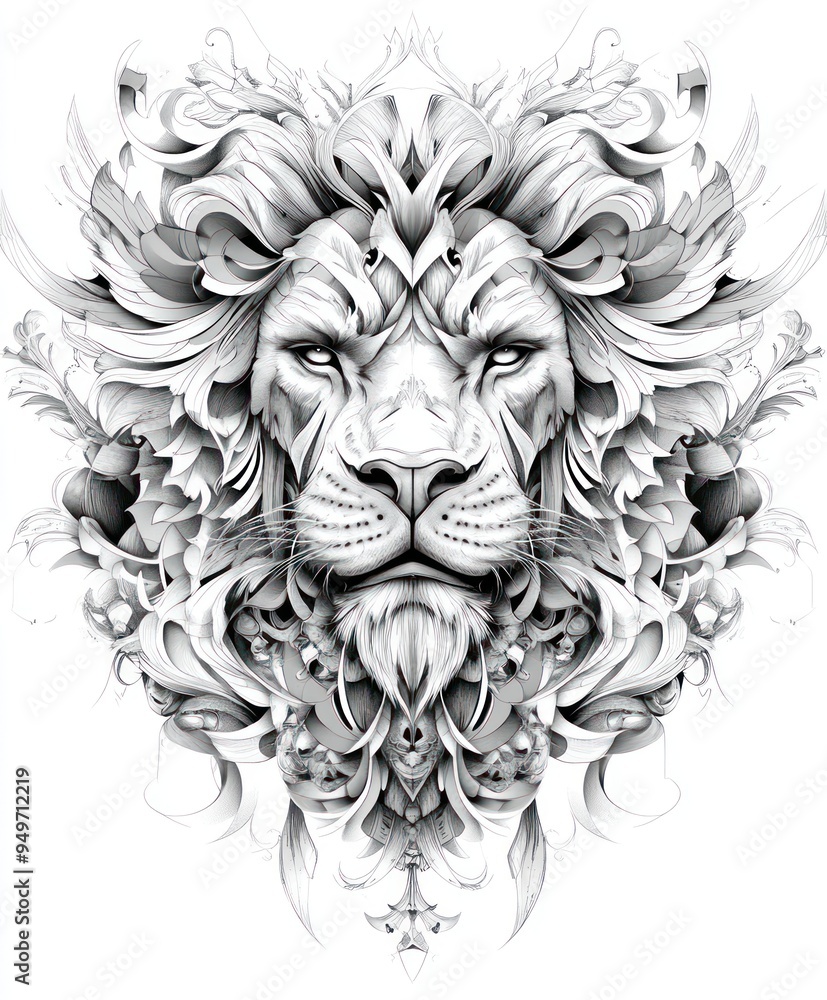 A stylized lion's head surrounded by intricate floral designs. A stylized lion's head surrounded by intricate floral designs.