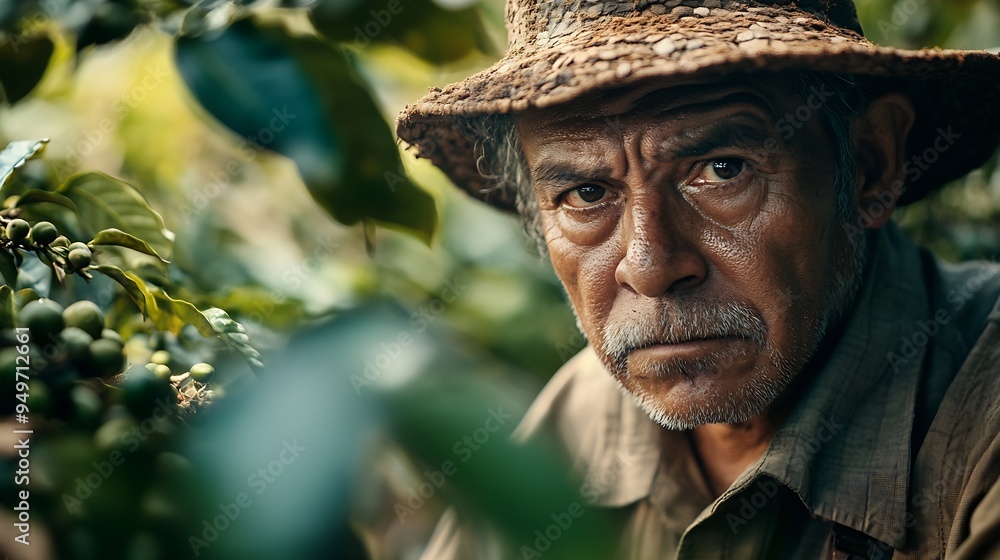 Fototapeta premium Guatemalan farmer collects his coffee crop on a plantation of Jalapa : Generative AI