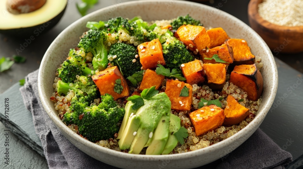 Healthy quinoa bowl with roasted sweet potatoes, broccoli, and avocado, garnished with sesame seeds and fresh herbs. Healthy quinoa bowl with roasted sweet potatoes, broccoli, and avocado, garnished with sesame seeds and fresh herbs.