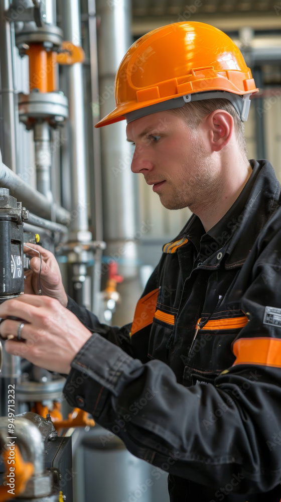 An engineer wearing a hard hat and safety gear works on a water purification system, meticulously inspecting and adjusting components An engineer wearing a hard hat and safety gear works on a water purification system, meticulously inspecting and adjusting components