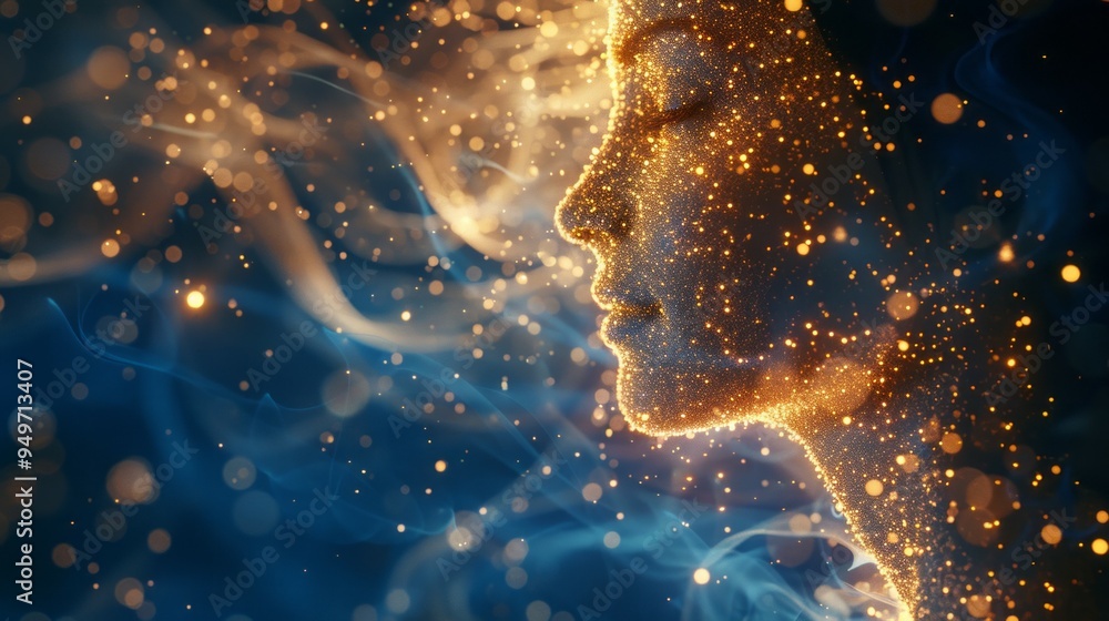 Sparkling woman portrait. A mystical woman's face made of light, glowing with energy and hope. Sparkling woman portrait. A mystical woman's face made of light, glowing with energy and hope.