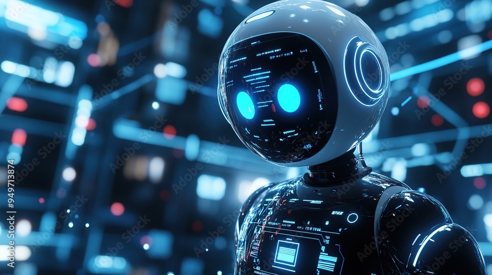 A digital ad promoting an insurance chatbot service with futuristic graphics. A digital ad promoting an insurance chatbot service with futuristic graphics.