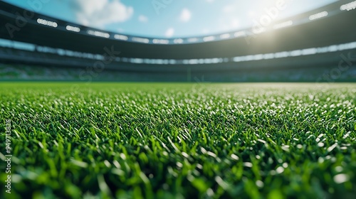 Sports stadium with green grass and spectator stands in the background Soccer field American football baseball Closeup of green stadium grass Sports mockup Sports background with copy : Generative AI