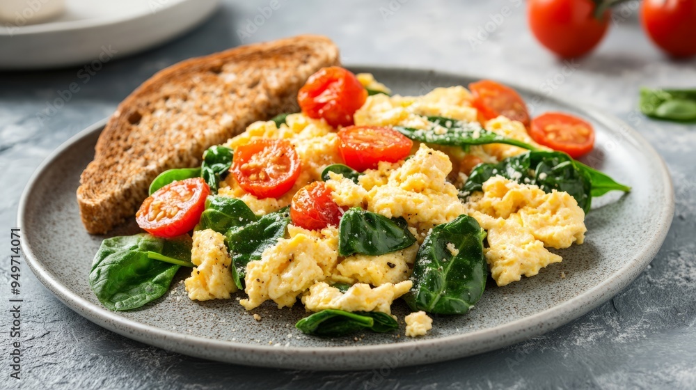 Plate of scrambled eggs with fresh spinach, cherry tomatoes, and whole wheat toast on a gray table. Plate of scrambled eggs with fresh spinach, cherry tomatoes, and whole wheat toast on a gray table.