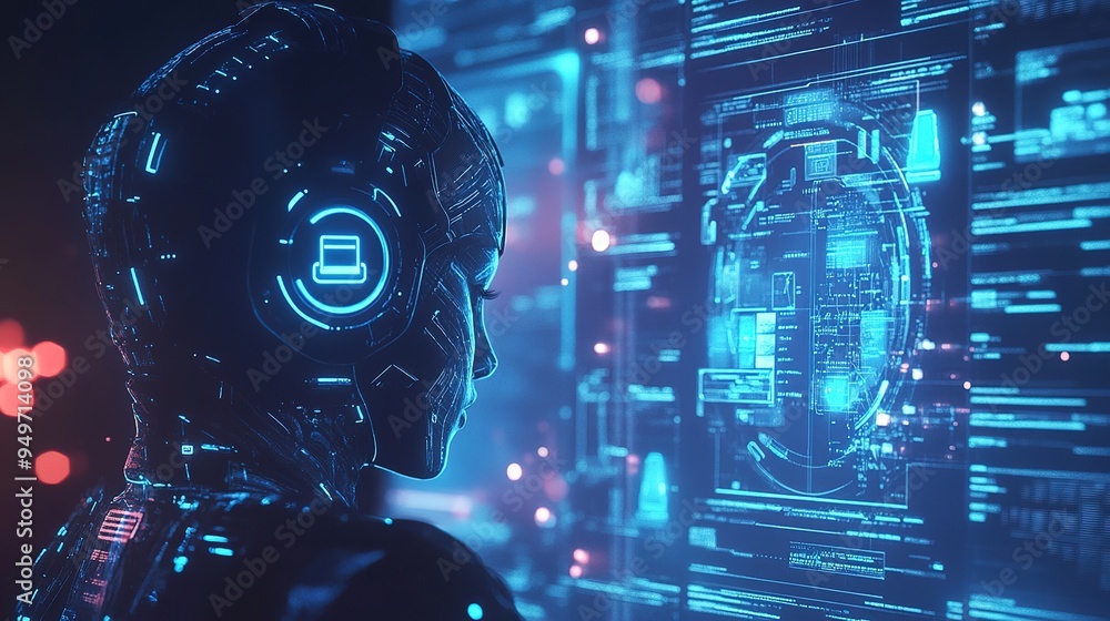 A digital ad promoting an insurance chatbot service with futuristic graphics. A digital ad promoting an insurance chatbot service with futuristic graphics.