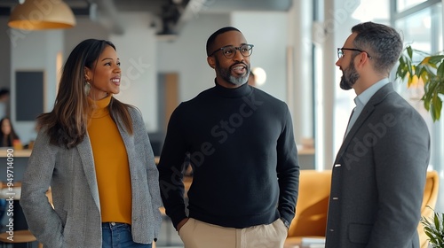 Diverse team standing talking in modern office lounge copy space : Generative AI photo