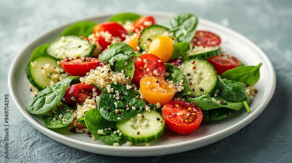 Fresh baby spinach quinoa tomato cucumber salad on plate with white copy space Vegan food balanced with plant protein and fresh vegetables : Generative AI Fresh baby spinach quinoa tomato cucumber salad on plate with white copy space Vegan food balanced with plant protein and fresh vegetables : Generative AI