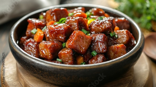 Hong Shao Rou is a Chinese dish of braised pork belly in a rich sweet and savory sauce often garnished with vegetables : Generative AI