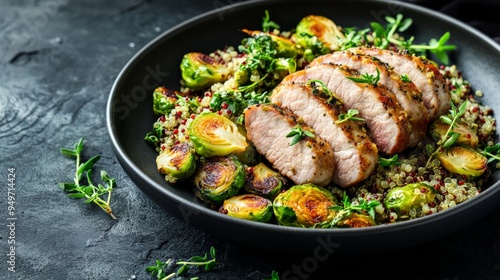 Sliced roasted pork tenderloin served on a bed of quinoa with Brussels sprouts, garnished with fresh herbs in a black bowl on a dark background.