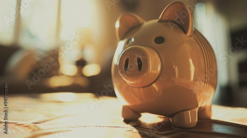 Piggy bank savings. Ceramic piggy bank on a table, symbolizing financial security and savings.